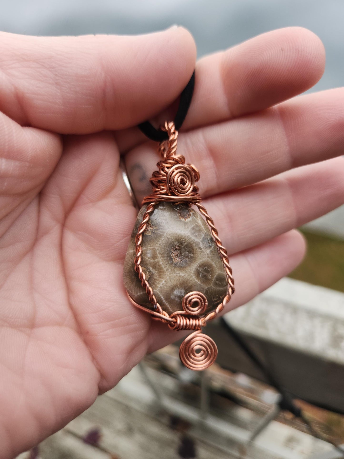 Petoskey Stone Copper Wire Wrapped Pendant – Michigan Fossil Coral, Grounding & Ancestral Connection Necklace