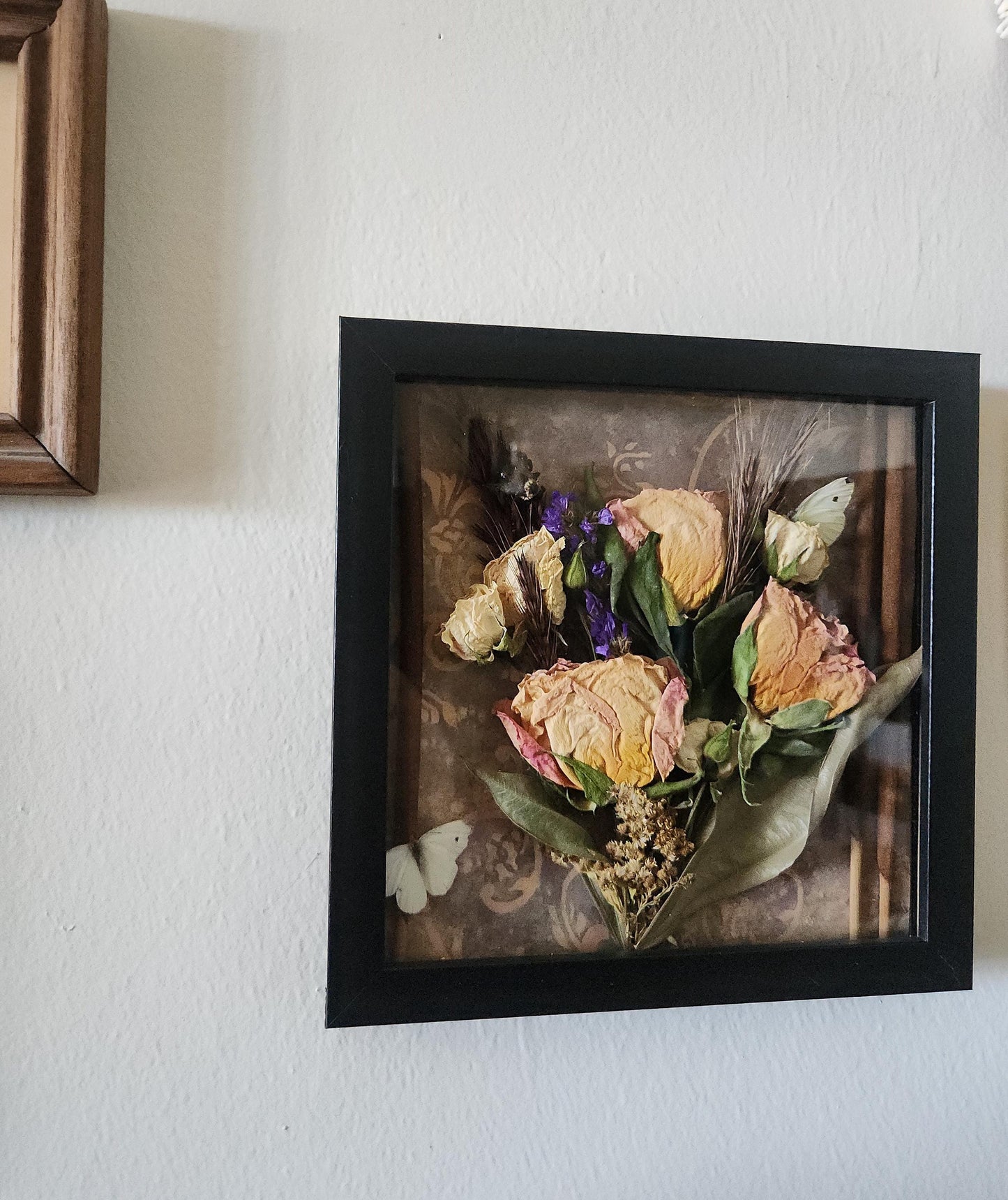 Dried Pinky Yellow Rose Shadowbox Art: Gothic Botanical Decor