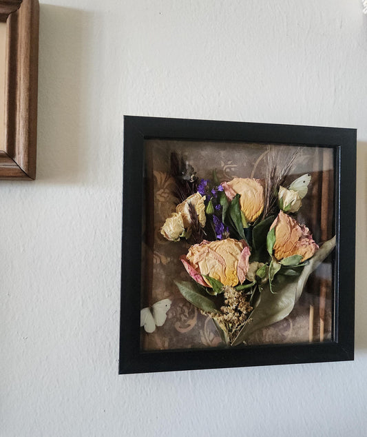 Dried Pinky Yellow Rose Shadowbox Art: Gothic Botanical Decor