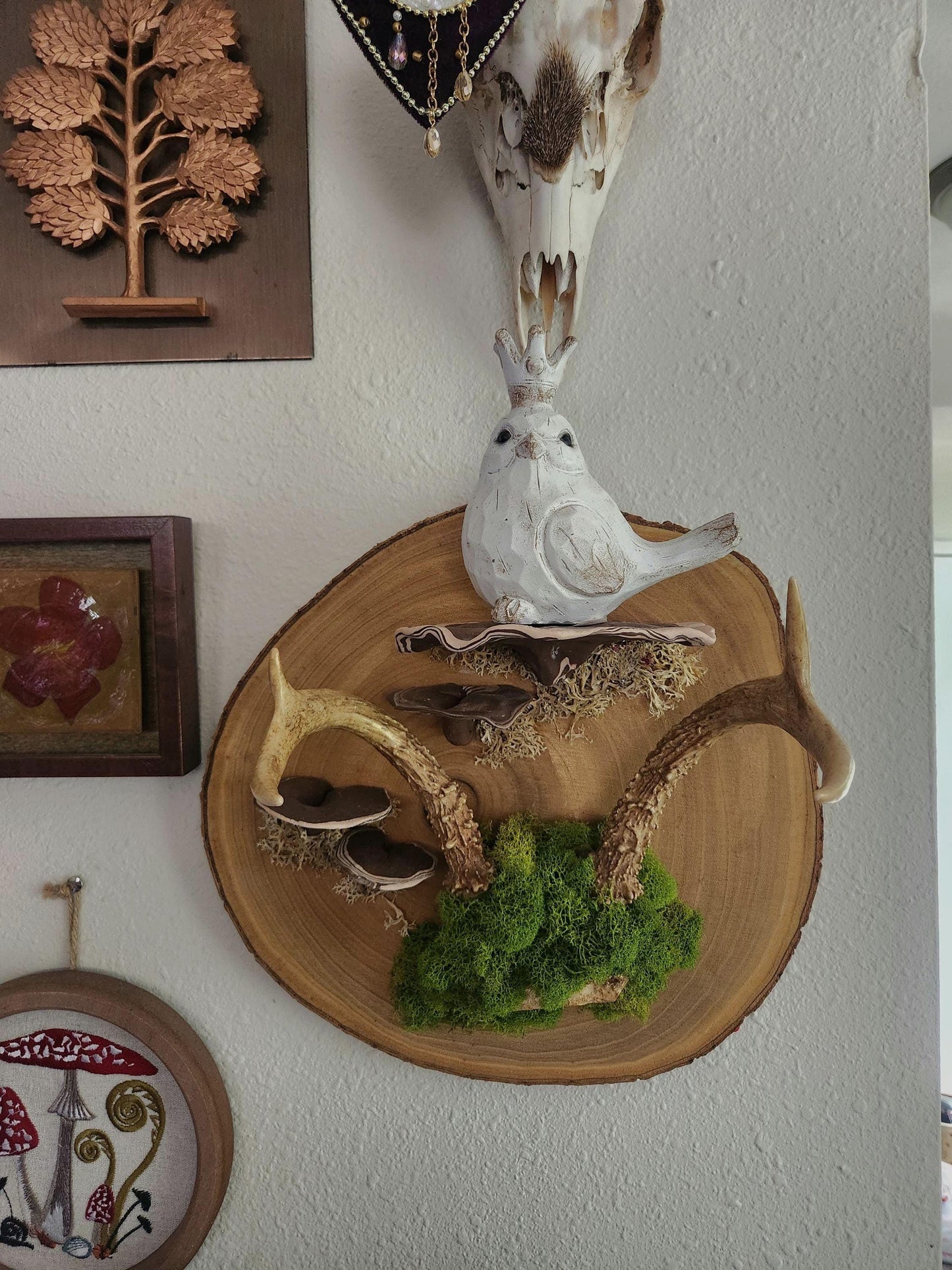 Rustic Forest Altar Wall Art | Antler, Moss & Fungi Candle Holder | Earthy Woodland Spiritual Decor