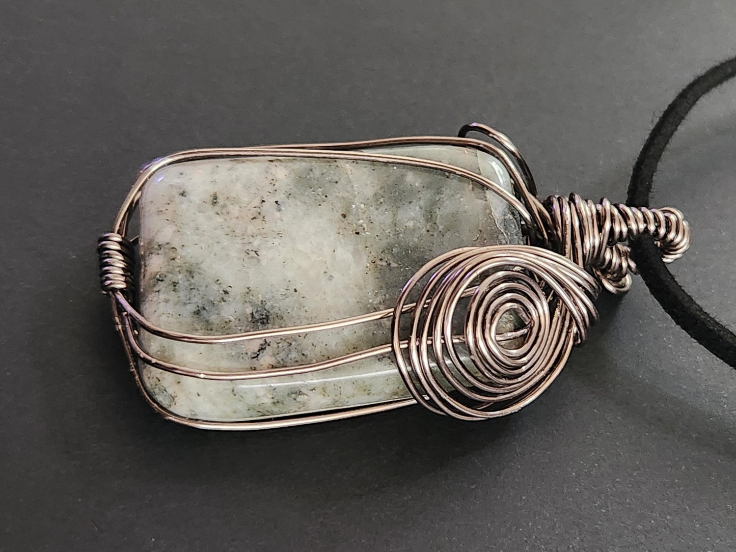 Wire-Wrapped Epidote in Prehnite Pendant: Copper Heart Chakra Stone