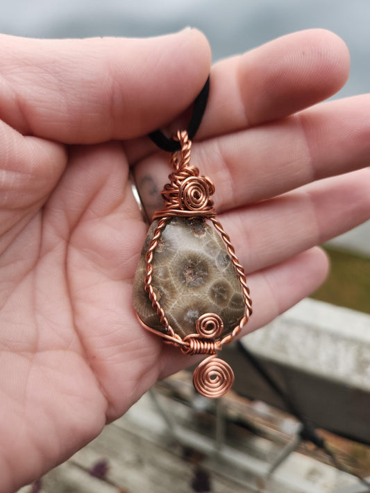 Petoskey Stone Copper Wire Wrapped Pendant – Michigan Fossil Coral, Grounding & Ancestral Connection Necklace