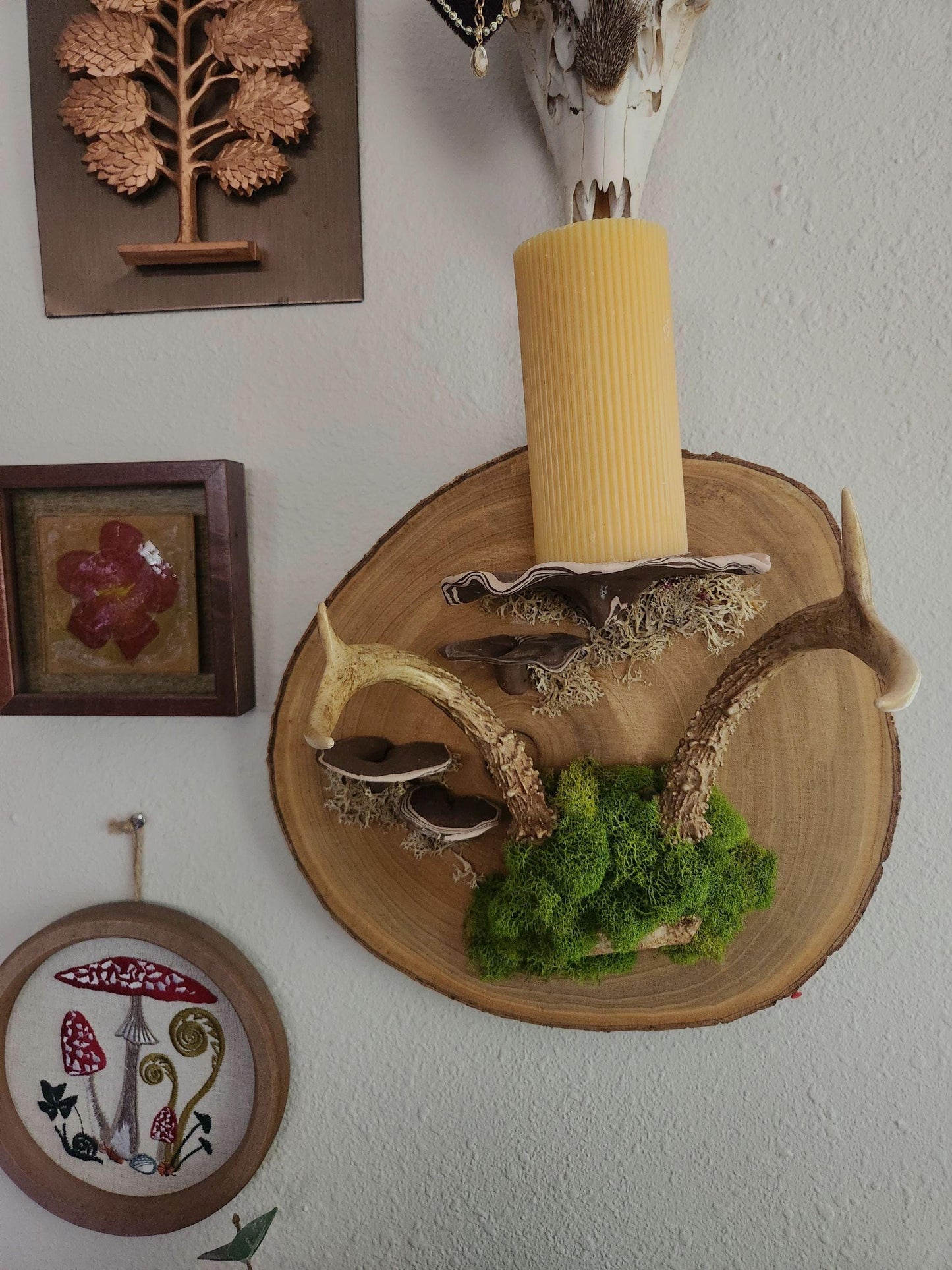 Rustic Forest Altar Wall Art | Antler, Moss & Fungi Candle Holder | Earthy Woodland Spiritual Decor
