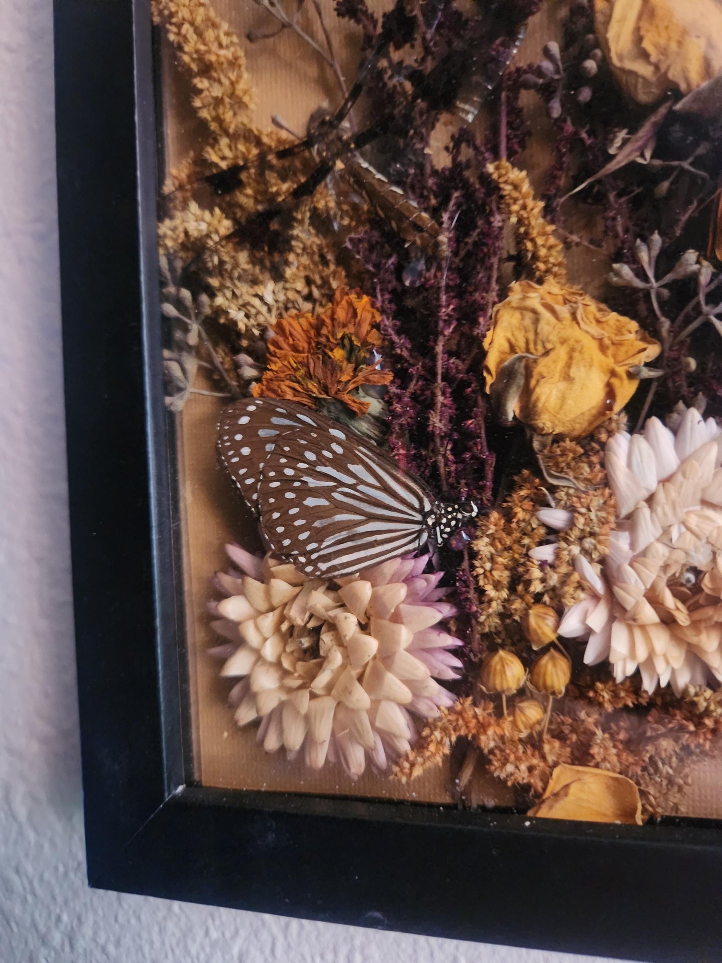 Nature Shadow Box with Dried Roses & Real Butterflies – Earthy Wall Art