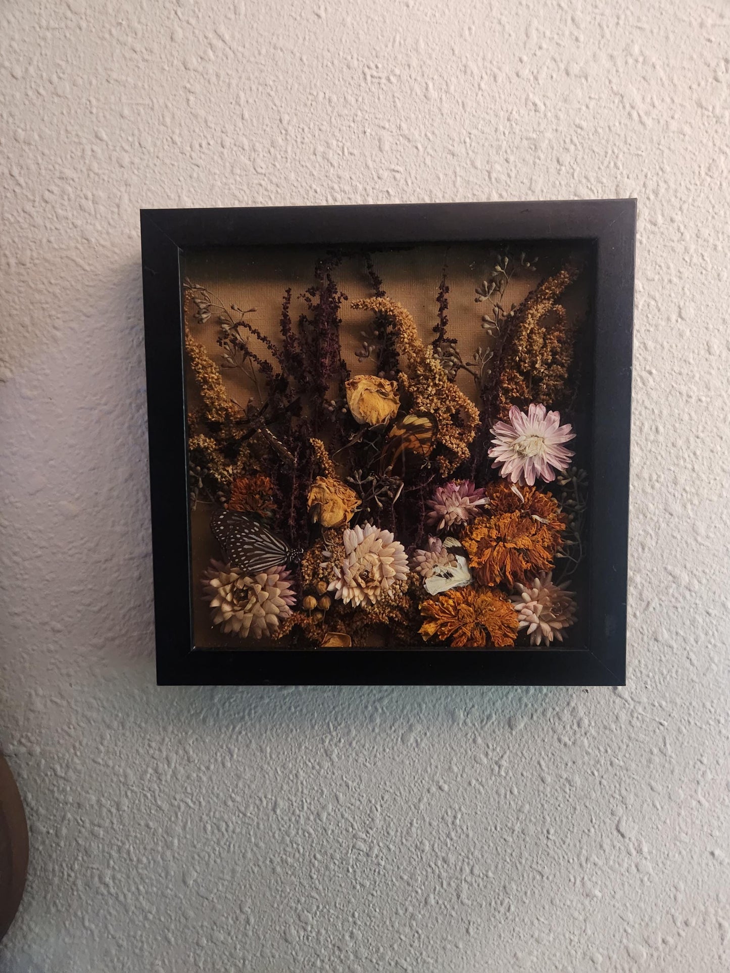 Nature Shadow Box with Dried Roses & Real Butterflies – Earthy Wall Art