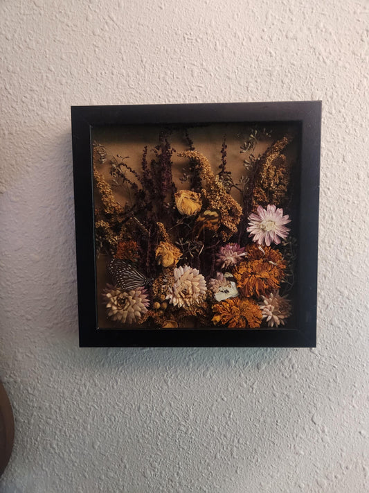 Nature Shadow Box with Dried Roses & Real Butterflies – Earthy Wall Art