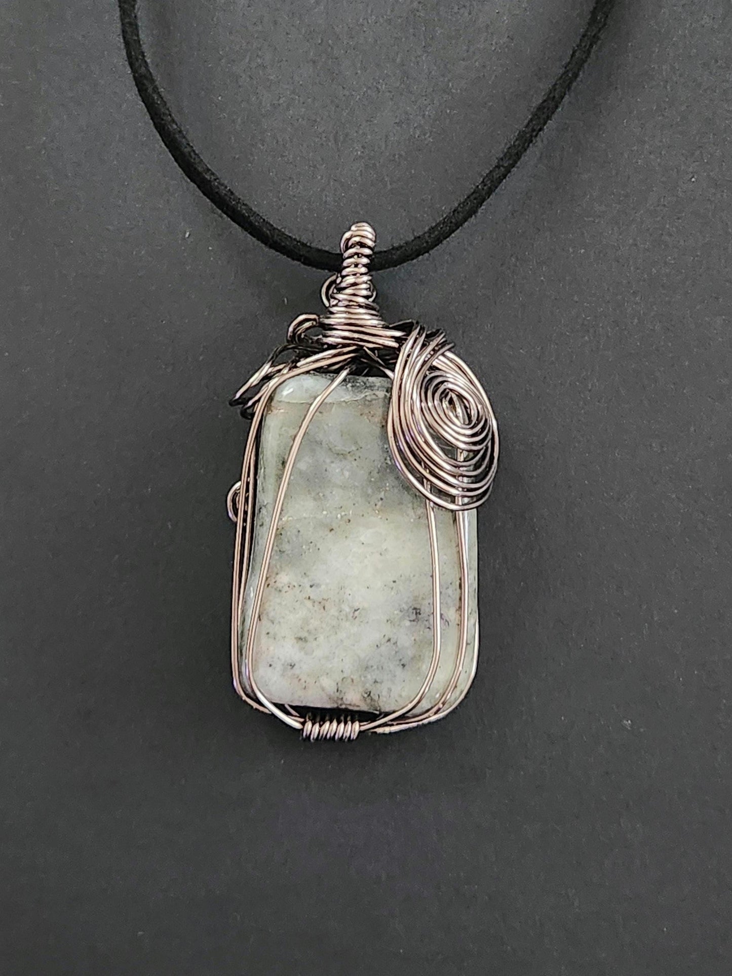 Wire-Wrapped Epidote in Prehnite Pendant: Copper Heart Chakra Stone