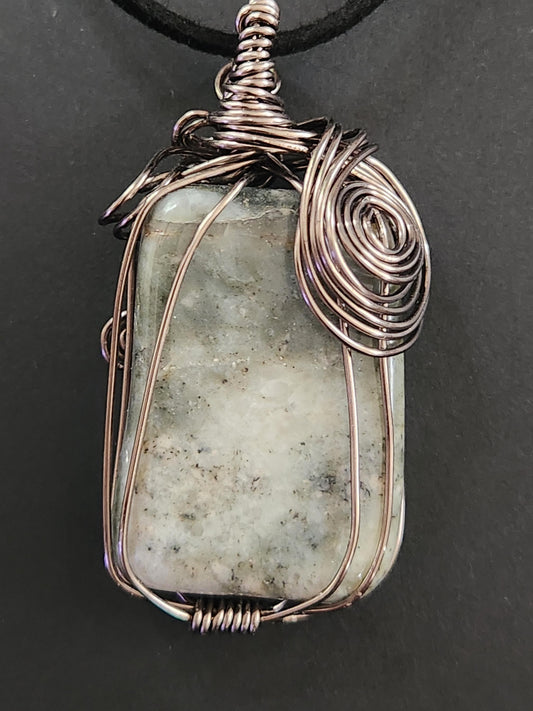 Wire-Wrapped Epidote in Prehnite Pendant: Copper Heart Chakra Stone