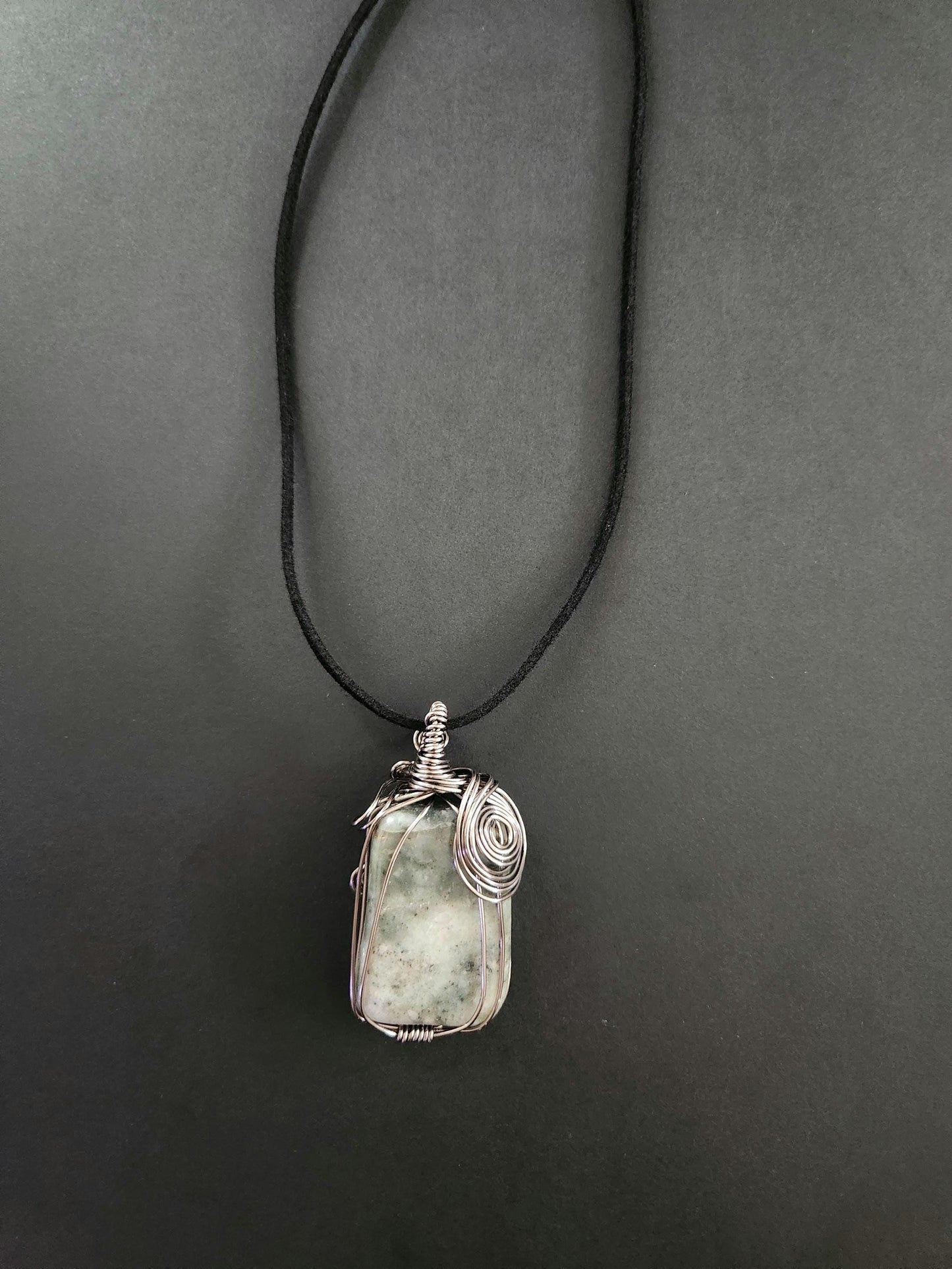 Wire-Wrapped Epidote in Prehnite Pendant: Copper Heart Chakra Stone