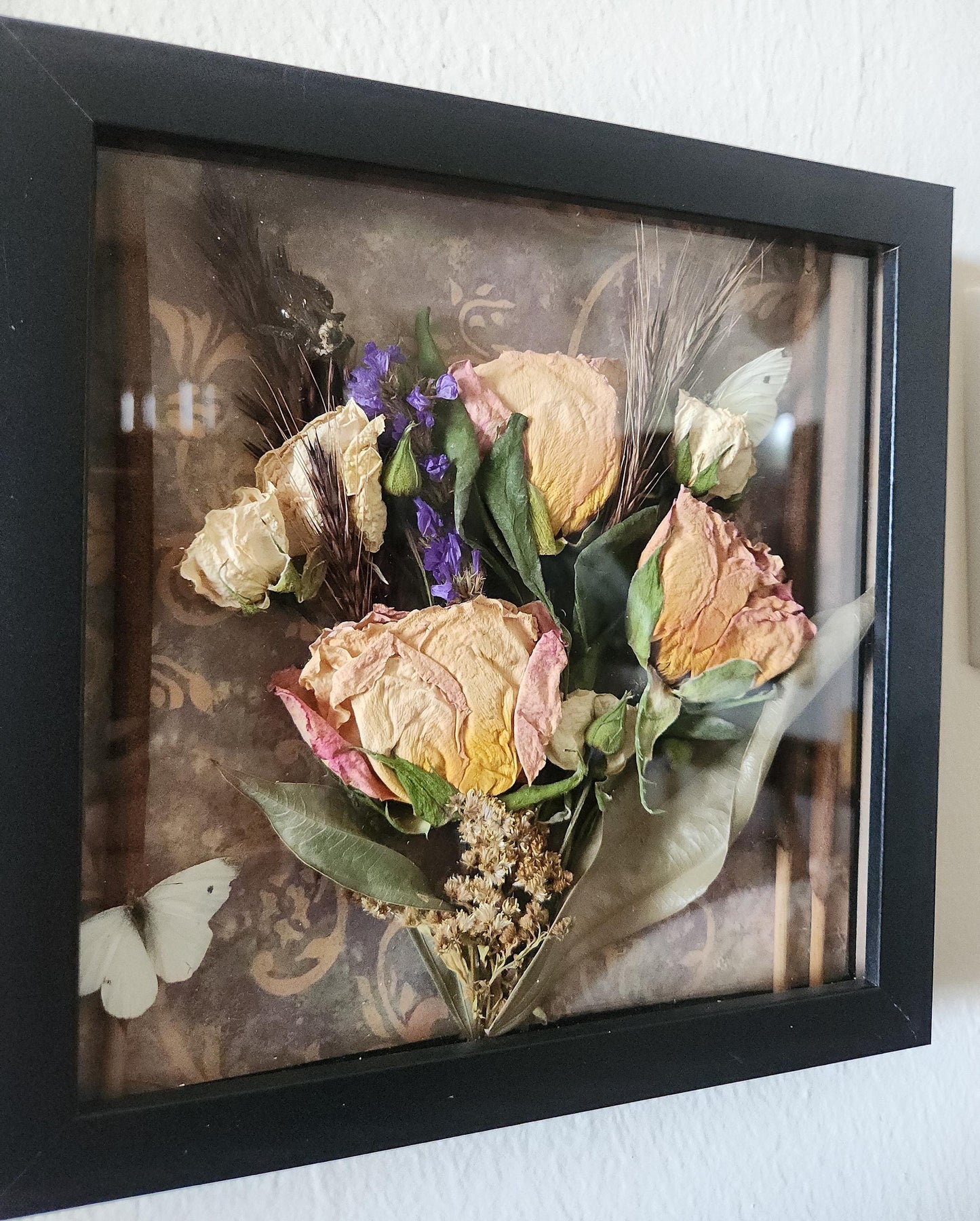 Dried Pinky Yellow Rose Shadowbox Art: Gothic Botanical Decor