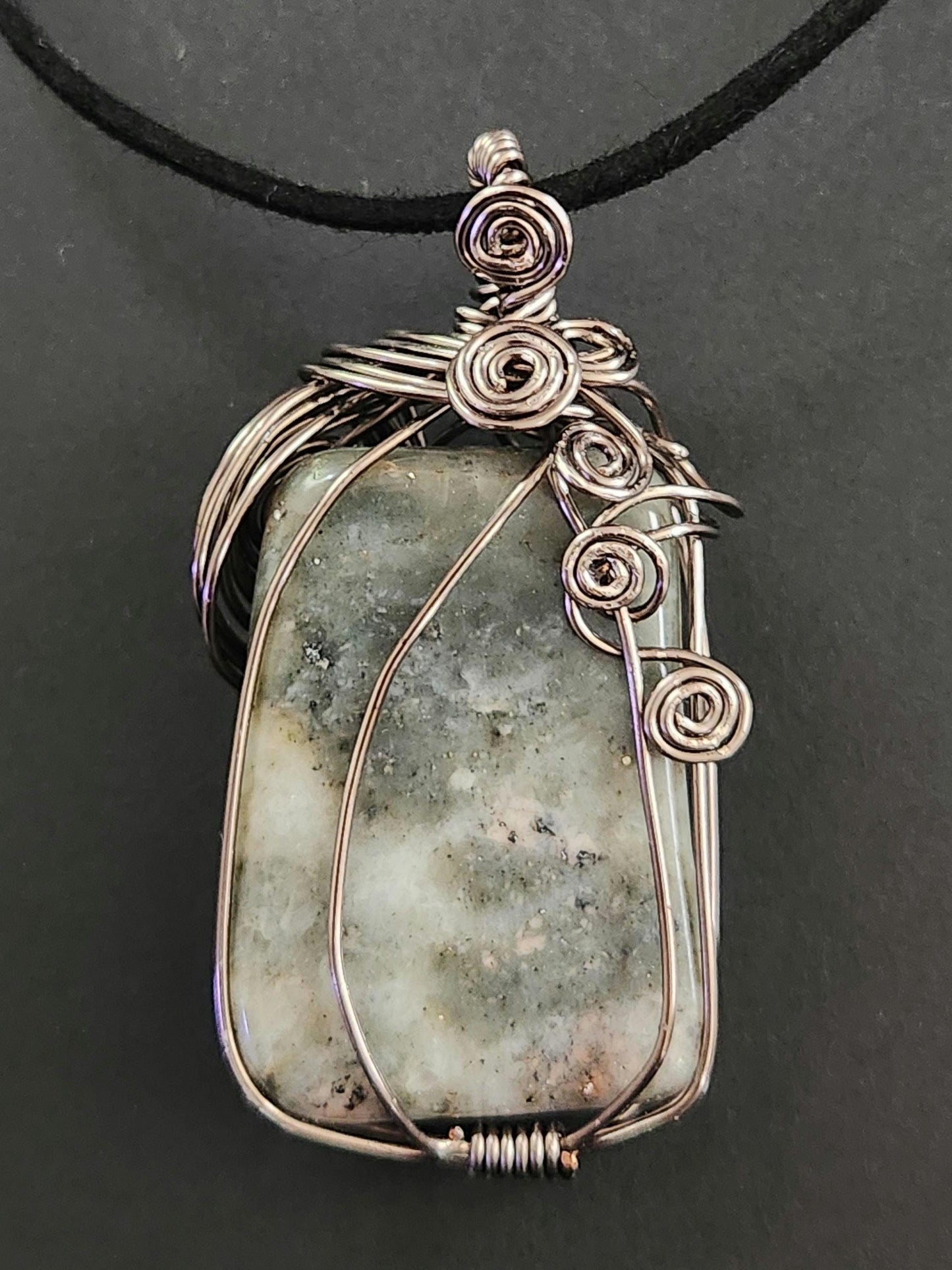 Wire-Wrapped Epidote in Prehnite Pendant: Copper Heart Chakra Stone