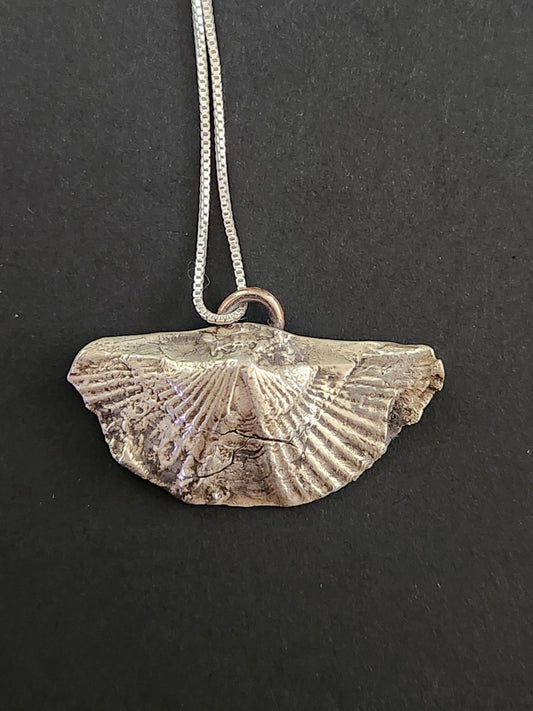 Fine Silver Brachiopod Fossil Pendant: Ancient Ocean Talisman