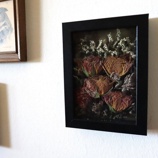 Dried Pinky Yellow Rose Shadowbox Art: Gothic Botanical Display