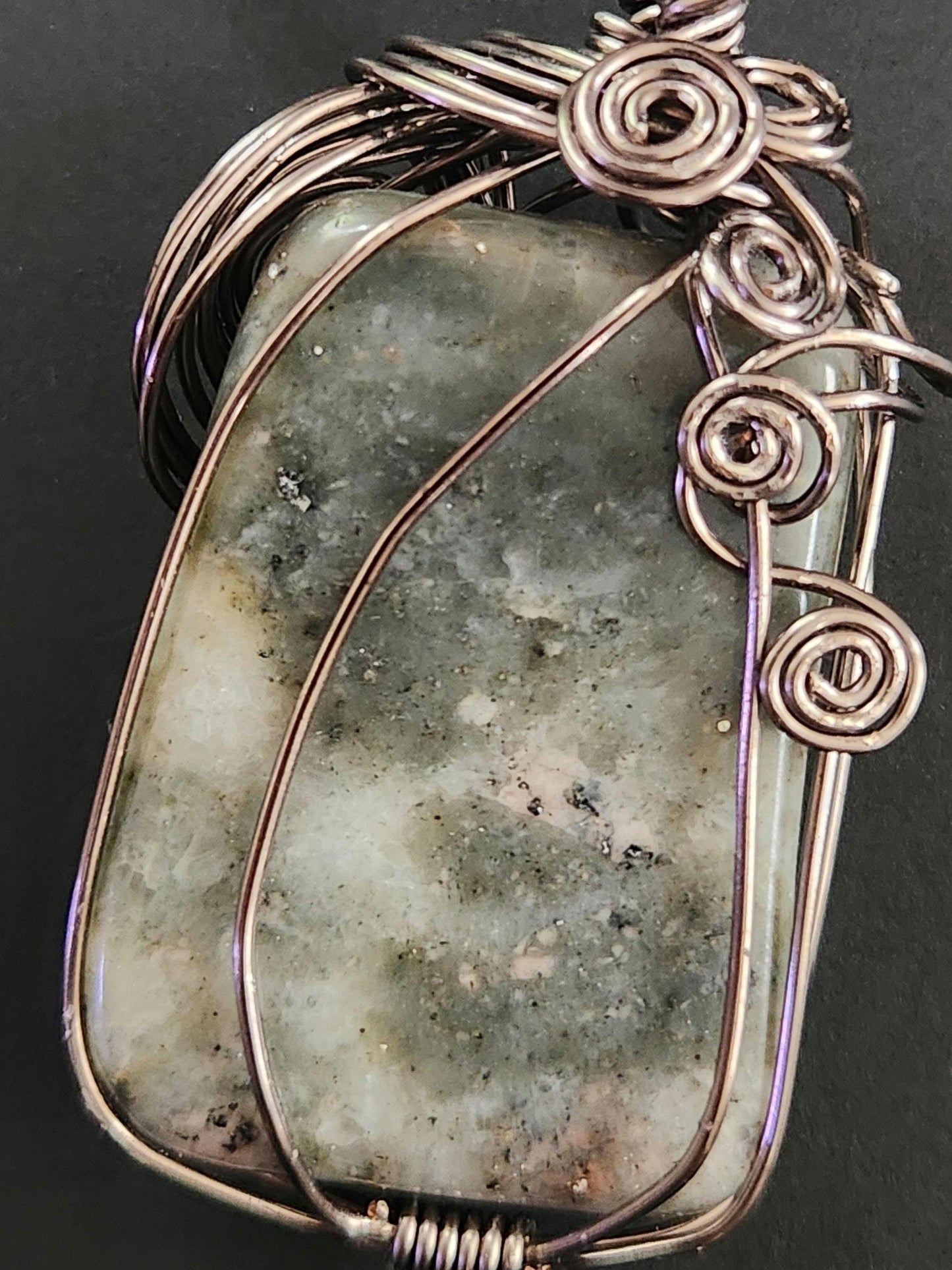 Wire-Wrapped Epidote in Prehnite Pendant: Copper Heart Chakra Stone