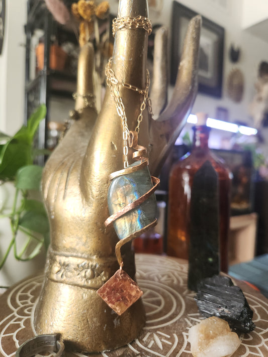 Labradorite Pendant • High Blue & Green Flash • Copper Wrapped Statement Necklace • Handmade Gift