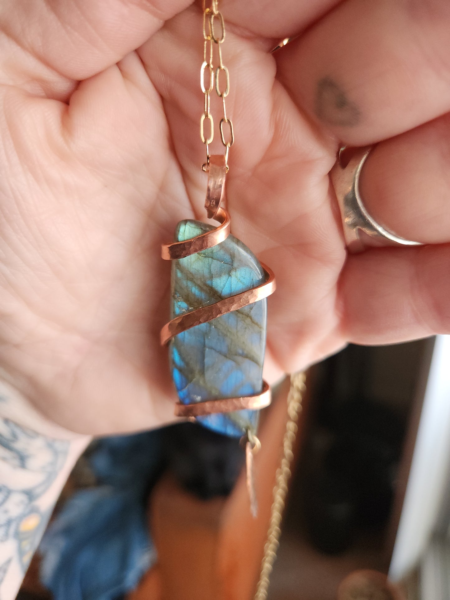 Labradorite Pendant • High Blue & Green Flash • Copper Wrapped Statement Necklace • Handmade Gift
