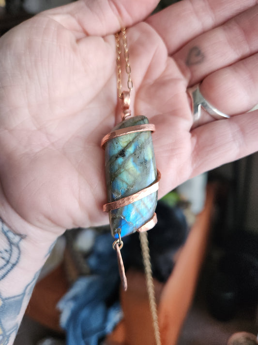 Labradorite Pendant • High Blue & Green Flash • Copper Wrapped Statement Necklace • Handmade Gift